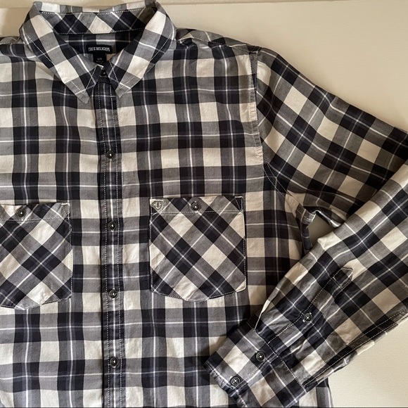True Religion Gray Blue White Plaid Button Up Long Sleeve Pockets Top Women’s L - Picture 1 of 7